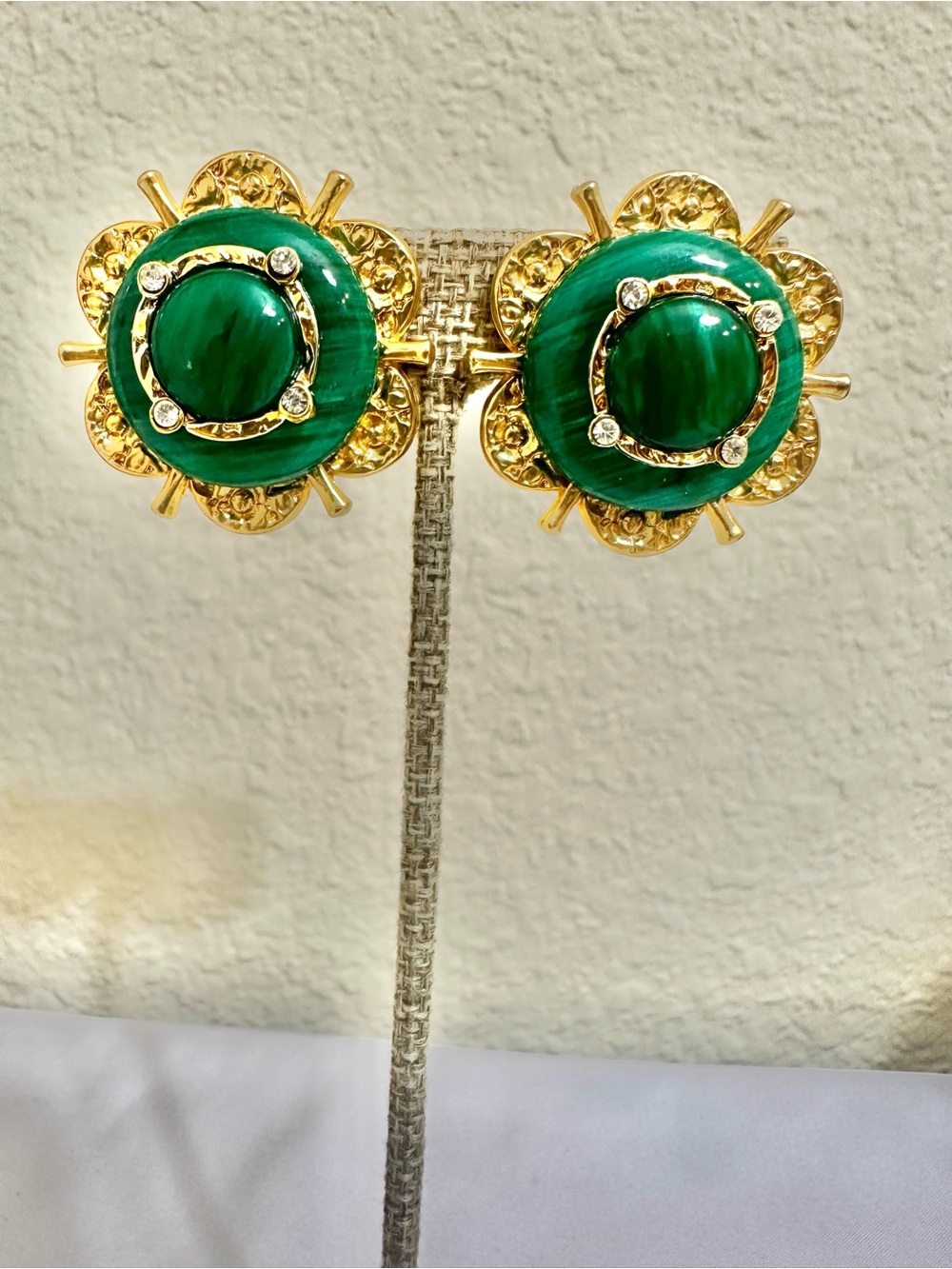 Vintage Gold-Tone Green Cabochon Statement Earrings w/ Clear Rhinestones Accents